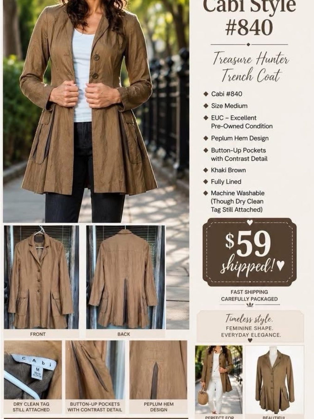 CAbi Khaki Brown Treasure Hunter Trench Coat